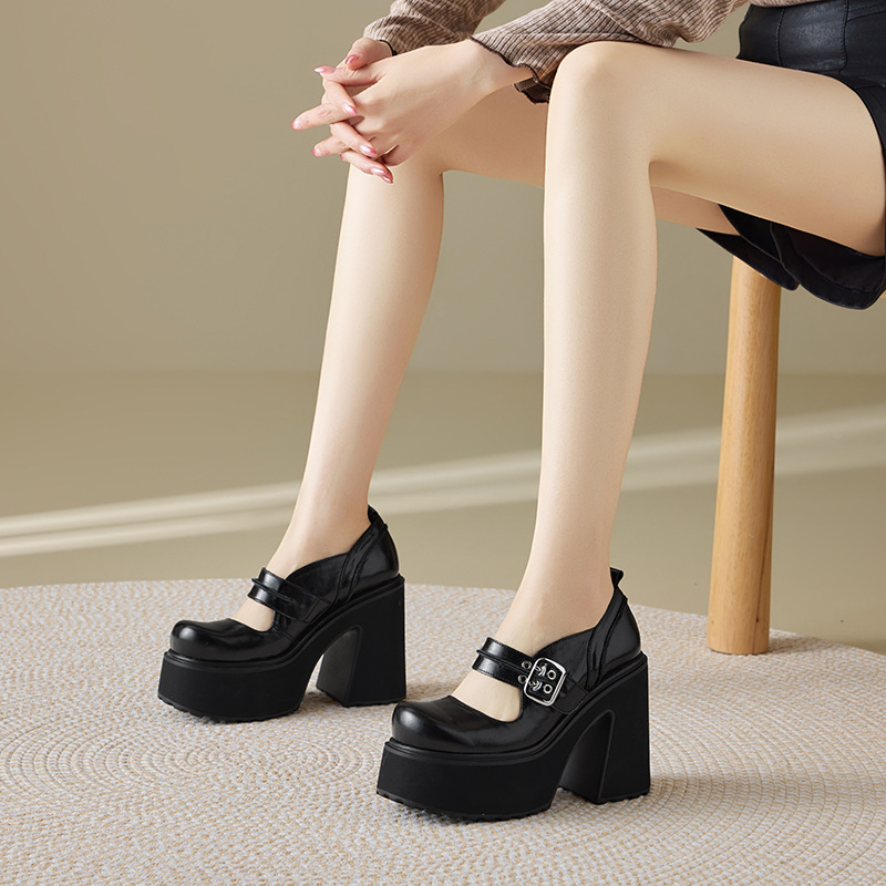 Giày Mary Jane nữ đế dày gót 12 cm phong cách cổ điển học sinh — màu đen