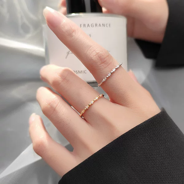 Open Ring with Row of Diamonds for Women, S925 Sterling Silver Plated with 14K Gold, Light Luxury Niche Design, High-End Korean Style, Elegant and Fashionable Ring