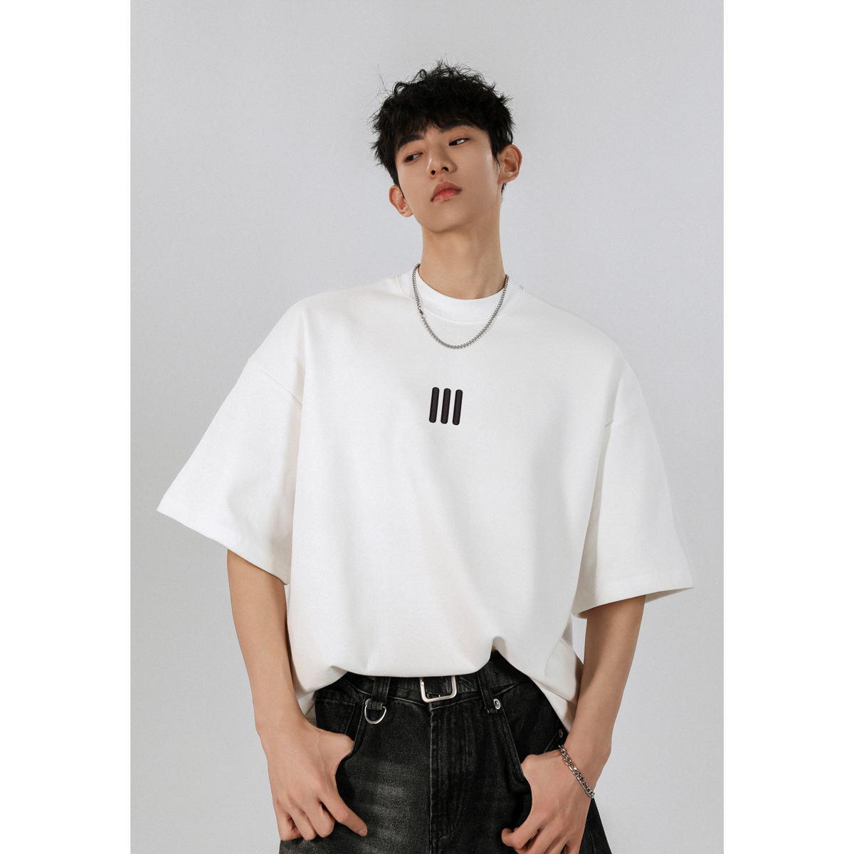 Heavy Industry Three Bars Embroidered Short-sleeved T-shirt Men's Summer American Loose plus size Half-sleeved Top Casual T-shirt Men's T-shirt