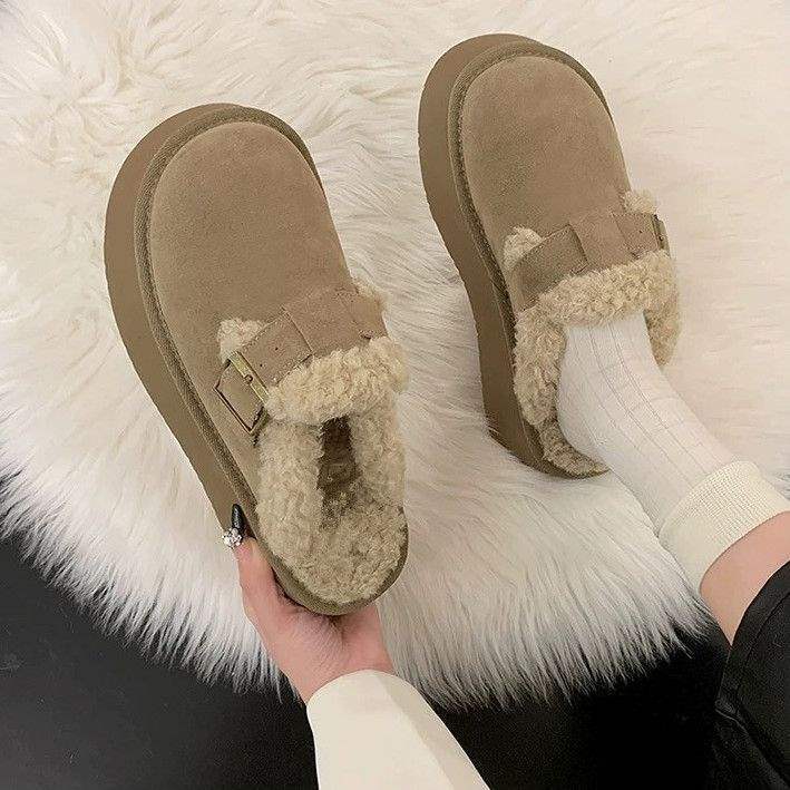Women's Half-Slippers with Closed Toe, Outdoor Wear, Fleece-Lined Birkenstock-Style Shoes, 2025 Autumn and Winter New Thick-Soled Lambswool Snow Boots, Cotton Slippers