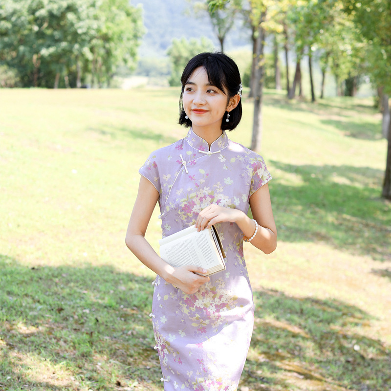Fang Mo Language Girl's Artistic Ramie Printed Cheongsam Long Retro Elegant Fresh and Elegant Young Cheongsam