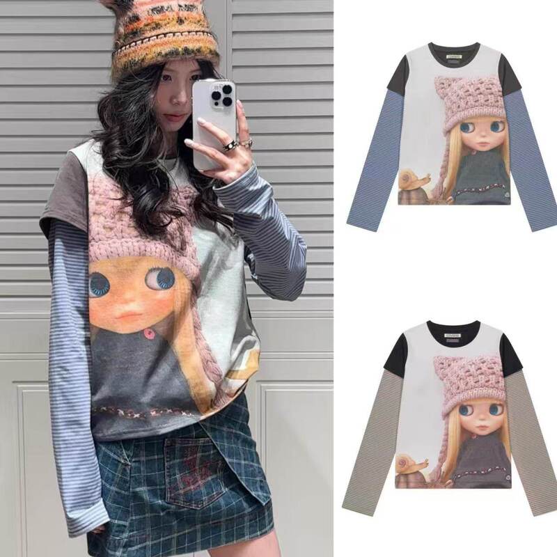 Korean Coyseio X Little B Collaboration Cartoon Doll Patchwork Striped Fake Two-Piece Style Long Sleeve T-Shirt for Women