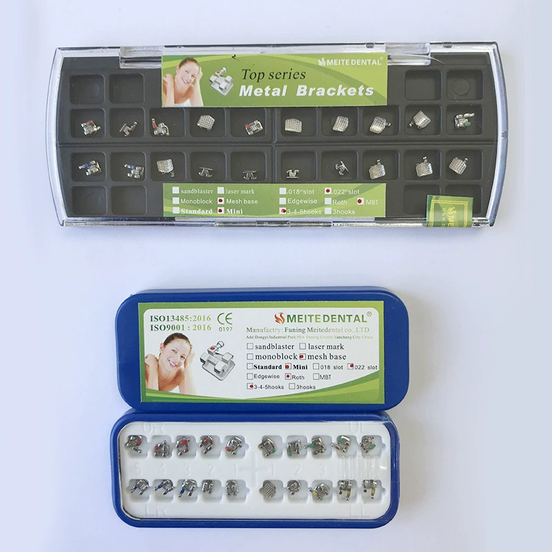 Металлические брекеты в коробках, ортодонтические брекеты, брекеты с сетчатым основанием, прямые дуги, прямоугольные дуги, брекеты на экспорт