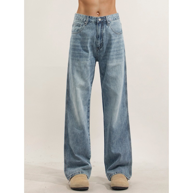 Men's Washed Denim Jeans, High Street Loose Fit Straight Leg Trousers For Clean Aesthetic & Casual Style_viptrois.com