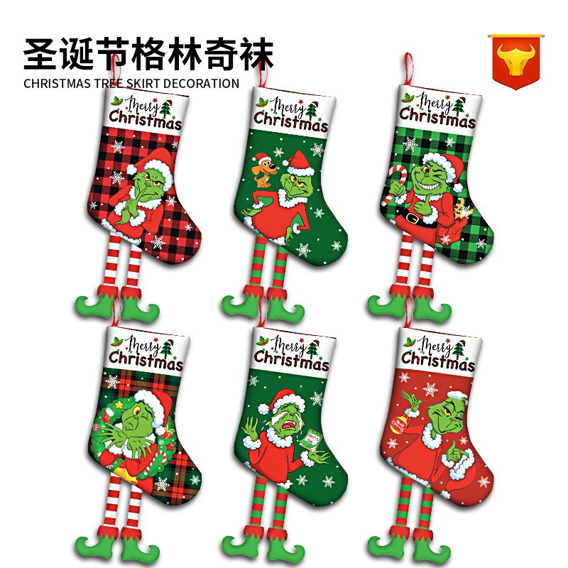 Cross-border New Christmas Decorations Grinch Feet Christmas Stocking Green Hair Monster Christmas Gift Bag Candy Bag