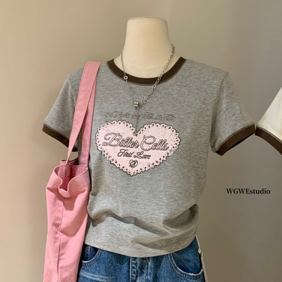 WGWE 夏韓国ブロガー同風万能トップス、スタイリッシュでスリムなプリントラブラウンドネック半袖Tシャツ W5993