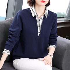 长袖衬衣女装春新款假两件中年大码衬衫洋气2025秋冬妈妈上衣小衫