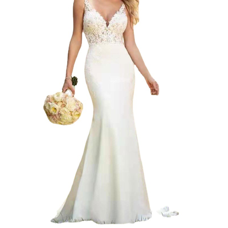 El Comercio exterior europeo y americano Amazon AliExpress deseo elegante vestido de novia con cuello en V hermoso largo elegante sexy vestido de novia cola de pez