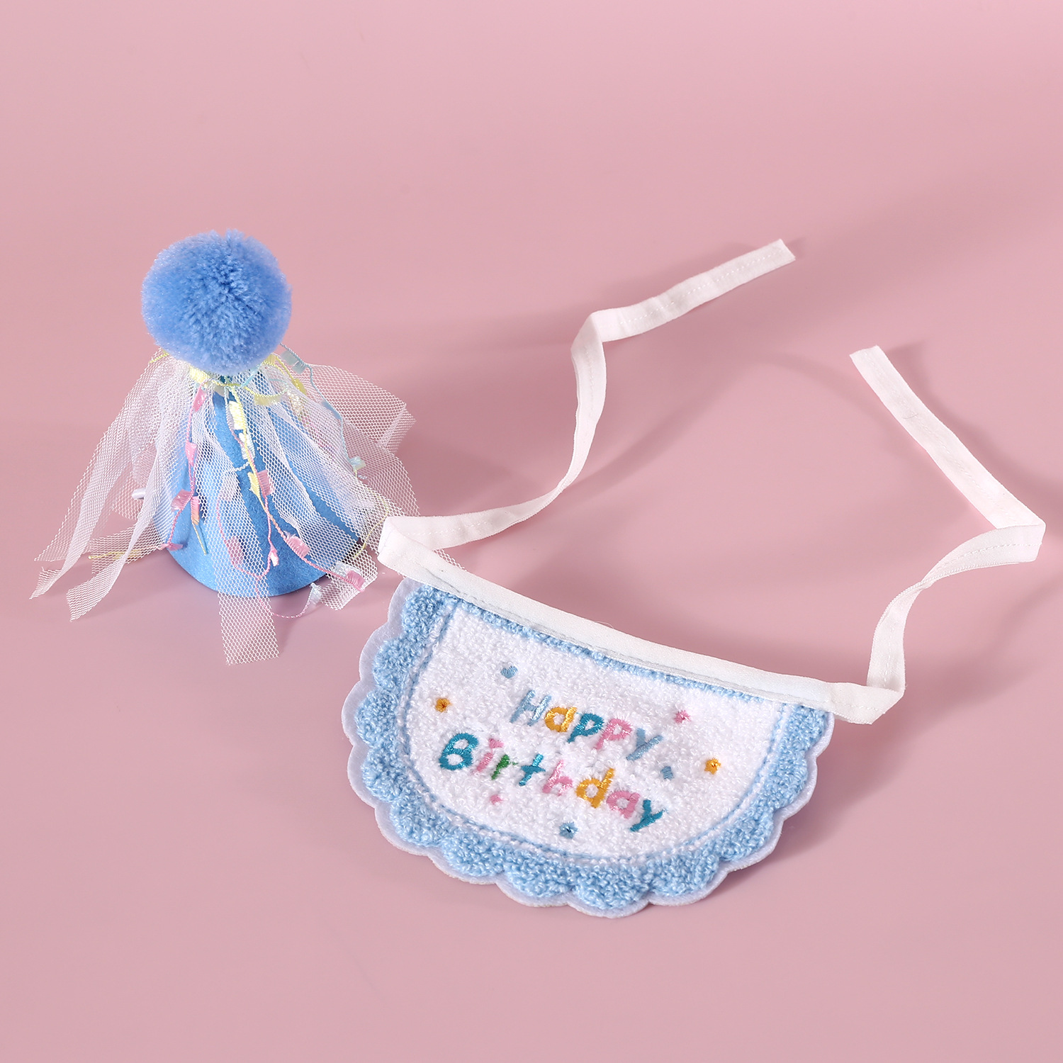 Juego de cumpleaños para mascotas, gorro de bola con flecos, bordado, feliz cumpleaños, lunares, gato, perro, fiesta de perros, babero, tocado image 10