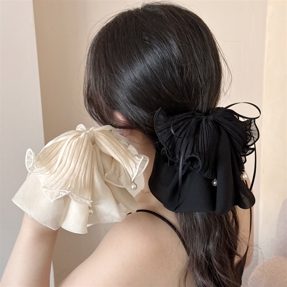 French-Style Polka Dot Retro Contrasting Ribbon Bow Pearl Pendant Back-Of-Head Shark Clip Hairpin for Women