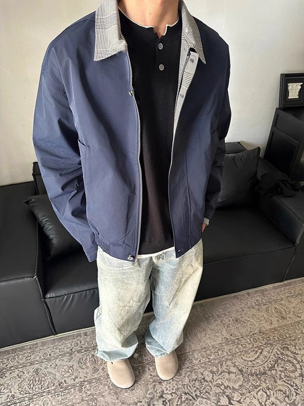 藏青色格纹拼接短款外套男款设计感棒球服cleanfit假两件飞行夹克|undefined
