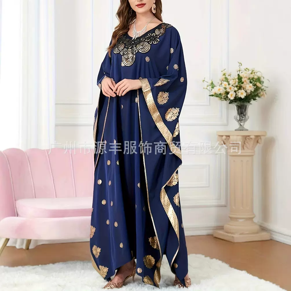 跨境欧美中东穆斯林外贸服装烫金印花蝙蝠袖宽松连衣裙女装长袍
