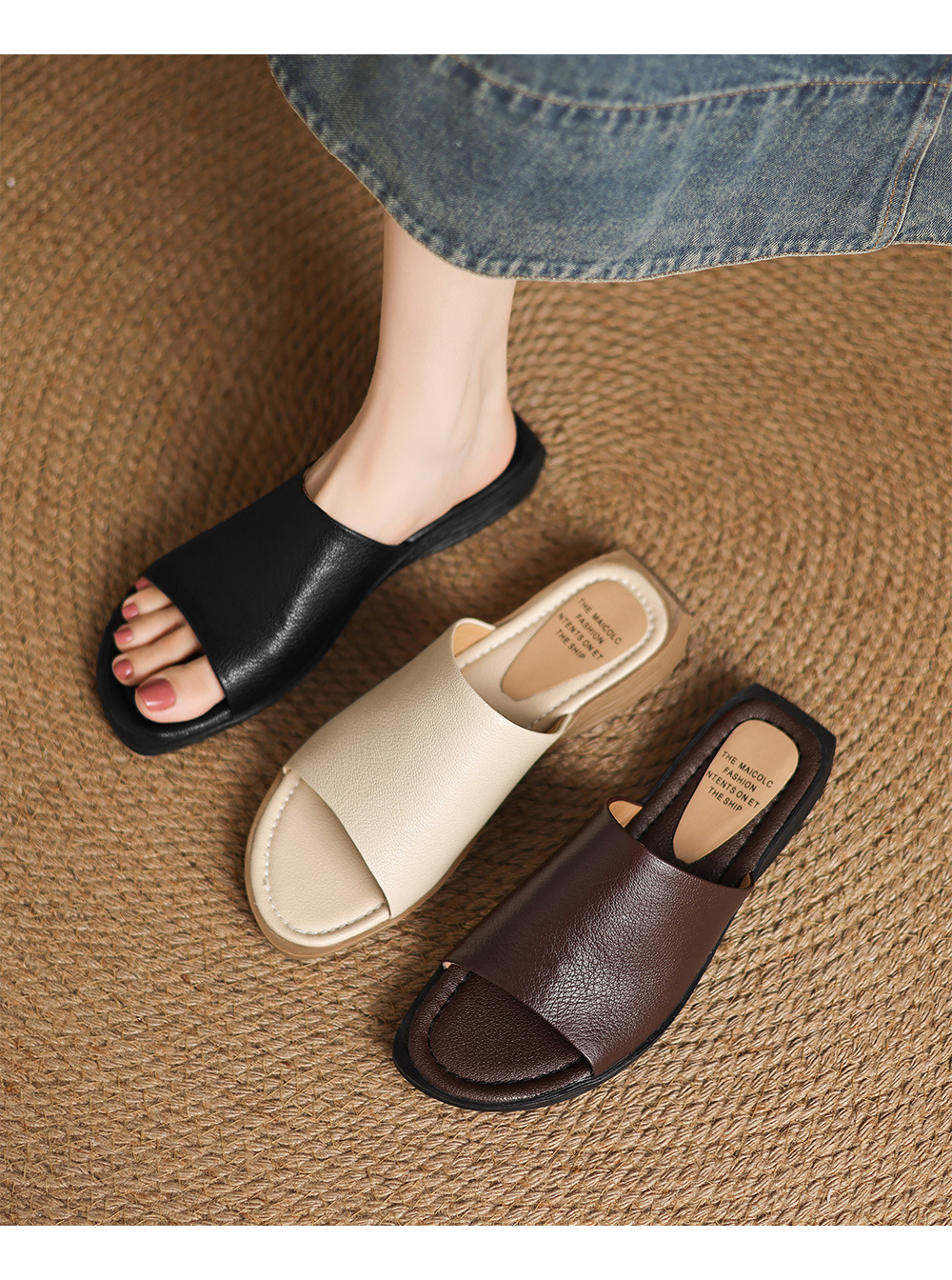 Sandal hở mũi nữ gót thấp da dê mũi vuông quai ngang — màu nâu chi tiết 7