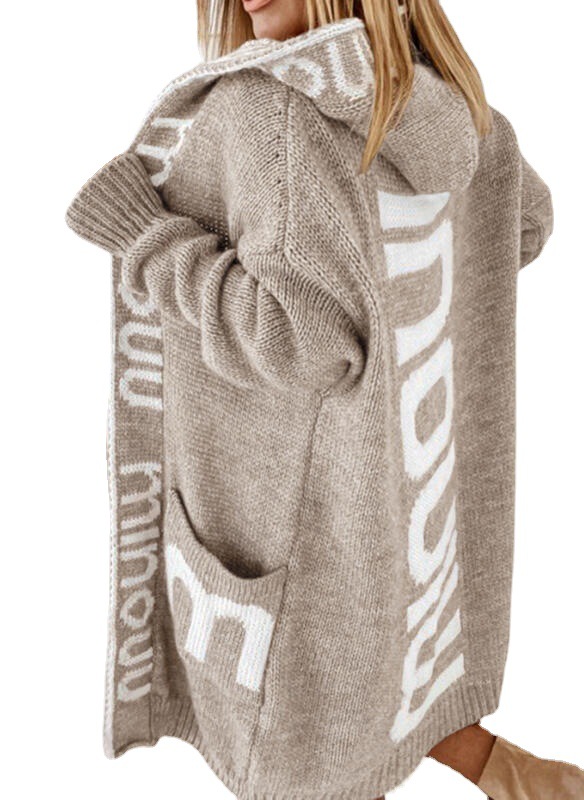 Cárdigan largo con capucha de punto con letras, novedad otoño-invierno 2026, chaqueta de punto transfronteriza europea y americana para mujer image 6