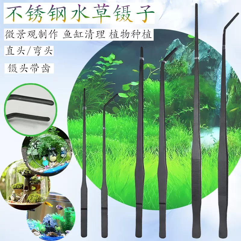 跨境批发水草镊超长镊子不锈钢黑色原色鱼缸造景长夹种植水草夹子