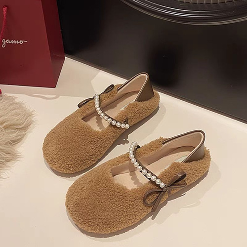 Fairy style, pearl and velvet flat-minocco shoes, women's autumn Korean style warm slip-on bow and fluffy cotton shoes
