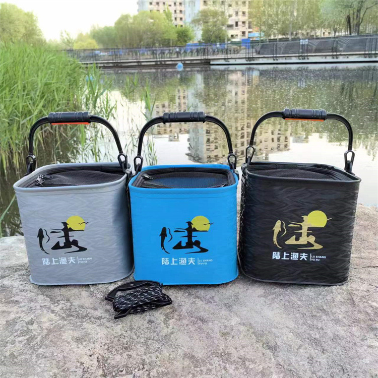 Collapsible EVA fishing live fish bucket, fishing gear supplies, portable, ventilated, integrated fish bucket with net