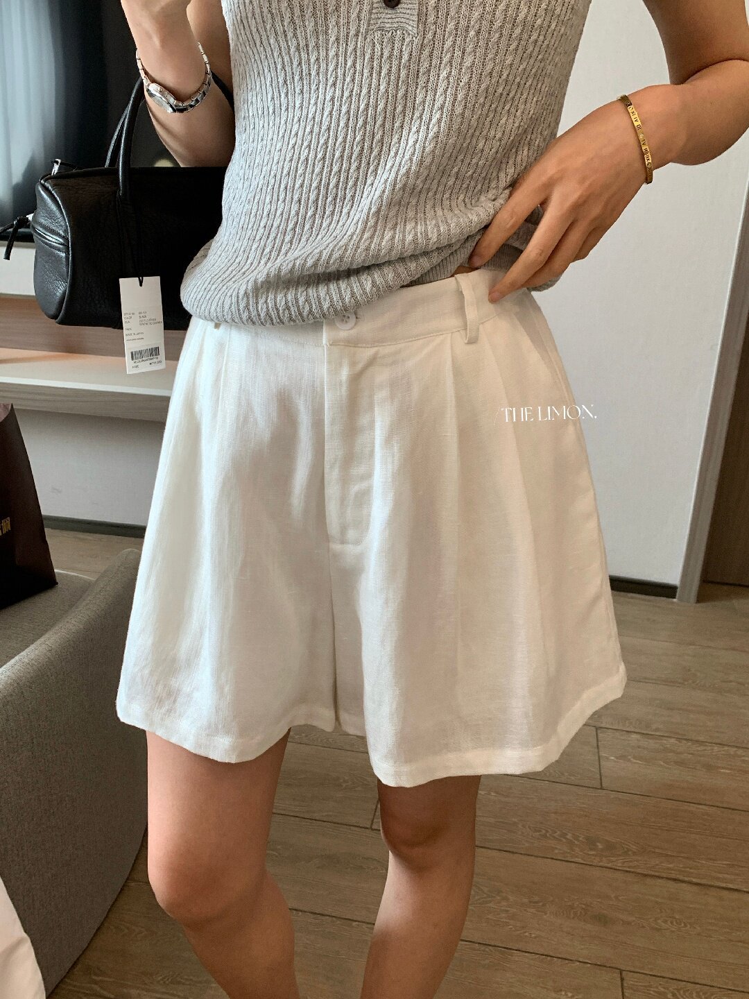 Quần short nữ cạp cao chất liệu tencel linen phối sợi, dáng suông rộng, tôn dáng, phong cách old money — màu sắc, Màu cà phê, màu trắng, Xanh da trờicolor chi tiết 25
