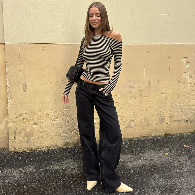 Damen Langarm T-shirt Mit Quadratischem Ausschnitt Rippstrick Top_voghion.com