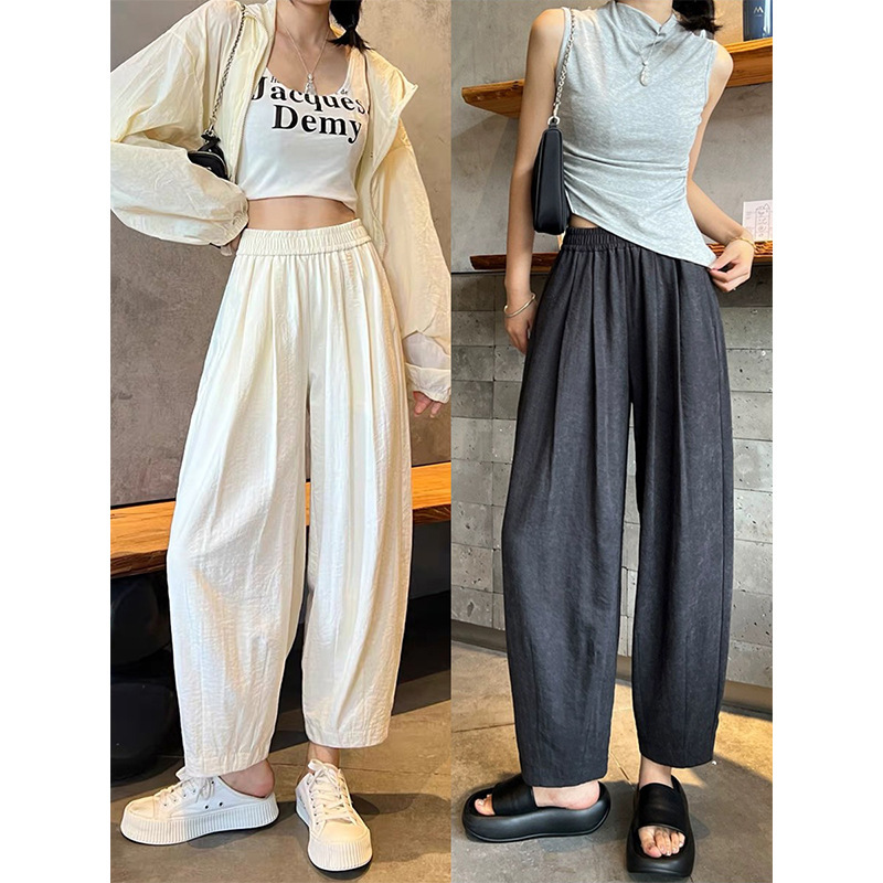 White Ice Silk Nine-Point Pants for Women in Summer, High-Waisted, Anti-Mosquito and Sun-Proof, Loose Workwear, Harem Carrot Sweatpants for Small People