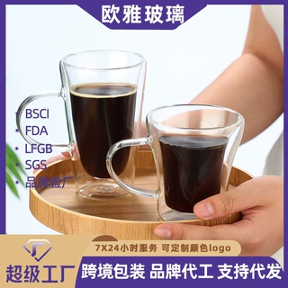 定制跨境高硼硅双层玻璃水杯带把隔热咖啡杯带盖透明大容量马克杯