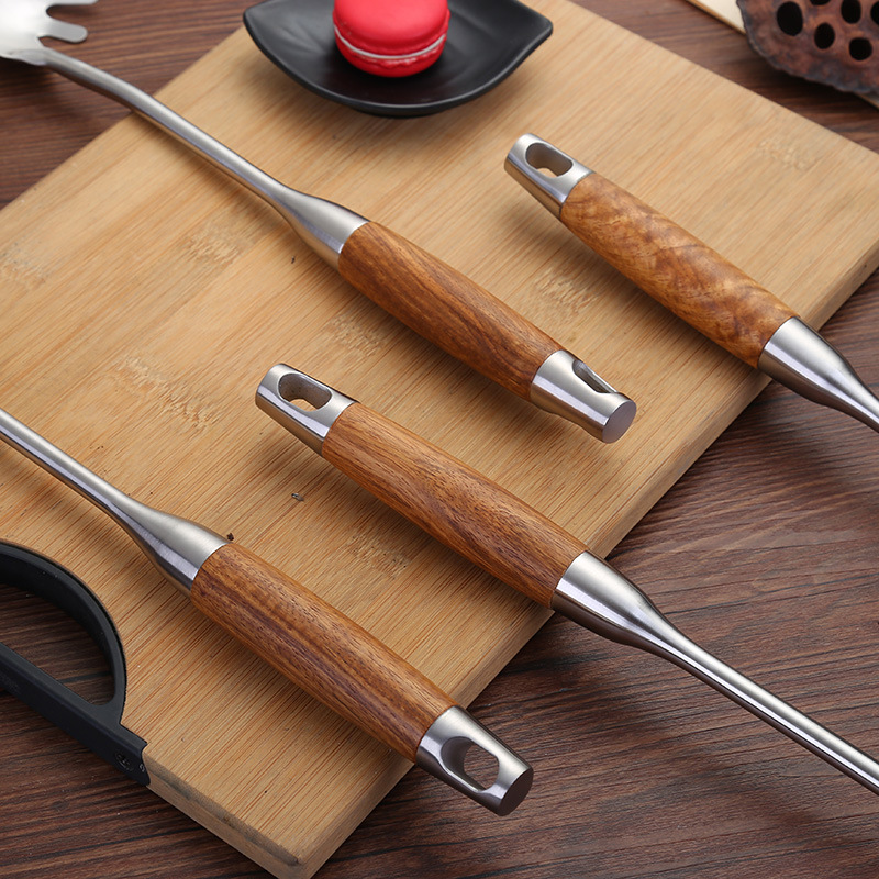 304 espátula de acero inoxidable pera flor mango de madera cocina 6 piezas cuchara de sopa espátula de fideos gran drenaje cuchara de arroz espátula de pescado