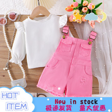 亚马逊ins欧美外贸秋季新款裤套装 纯色飞袖上衣配牛仔背带裤批发