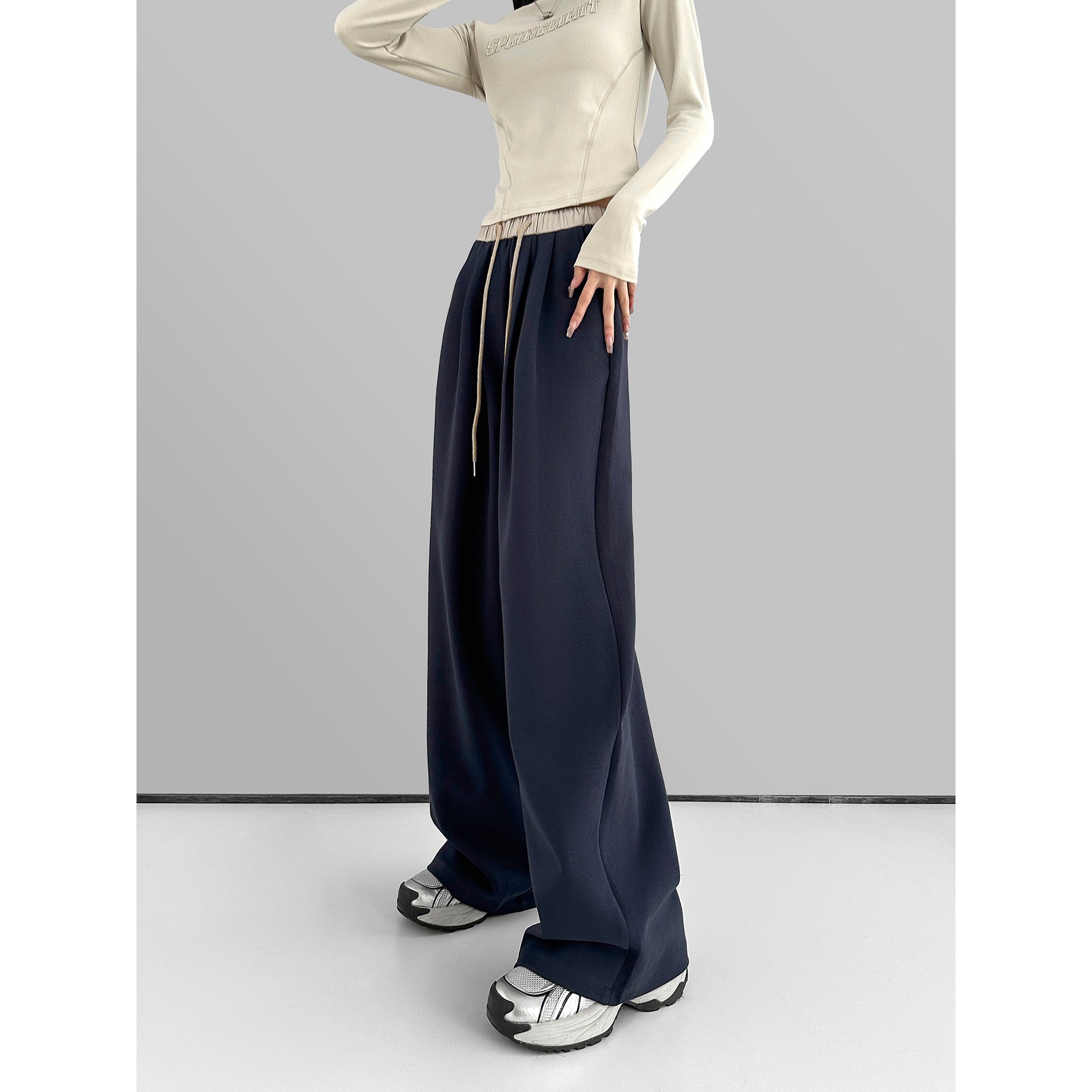 American Style Black Sports Pants Women's Spring and Autumn Loose Casual Thickened Wei Pants Tall Lined Knitted Wide Leg Pants