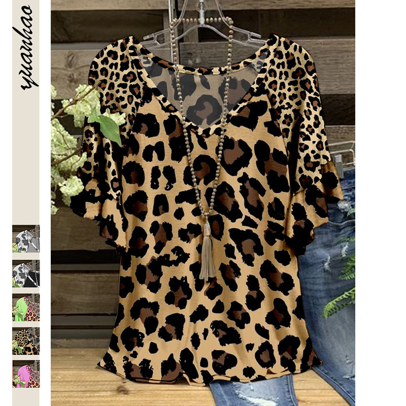2022 Independent Station Amazon Foreign Trade Spring and Summer New Women's T-shirt V-neck Leopard Print Ruffled Short-sleeved T-shirt