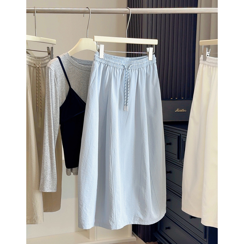 Solid Color High-Waisted Fashionable Simple Pumpkin Skirt for Women, New Spring Style with Elastic Waist and Drawstring, Mid-Length Slimming Tulip Skirt