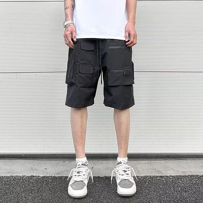 American Trendy Brand Multi-Pocket Zipper Functional Cargo Shorts for Men, Summer Loose Outdoor Design High Street Five-Point Shorts