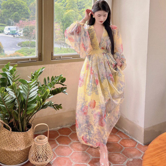 French Court Style Lantern Sleeve Yellow Printed dress Photo Long Dress Bohemian Beach Dress Women's Summer