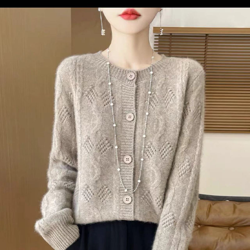 2024 Autumn and Winter New Wool Sweater Women's Crewneck Long-sleeved Thick Elegant Solid Color Hollow-out All-match Top Cashmere Cardigan
