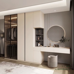 Modern Minimalist Wardrobe for Home Bedroom, Open-Door Wardrobe with Light Luxury Glass Doors and Dressing Table Set