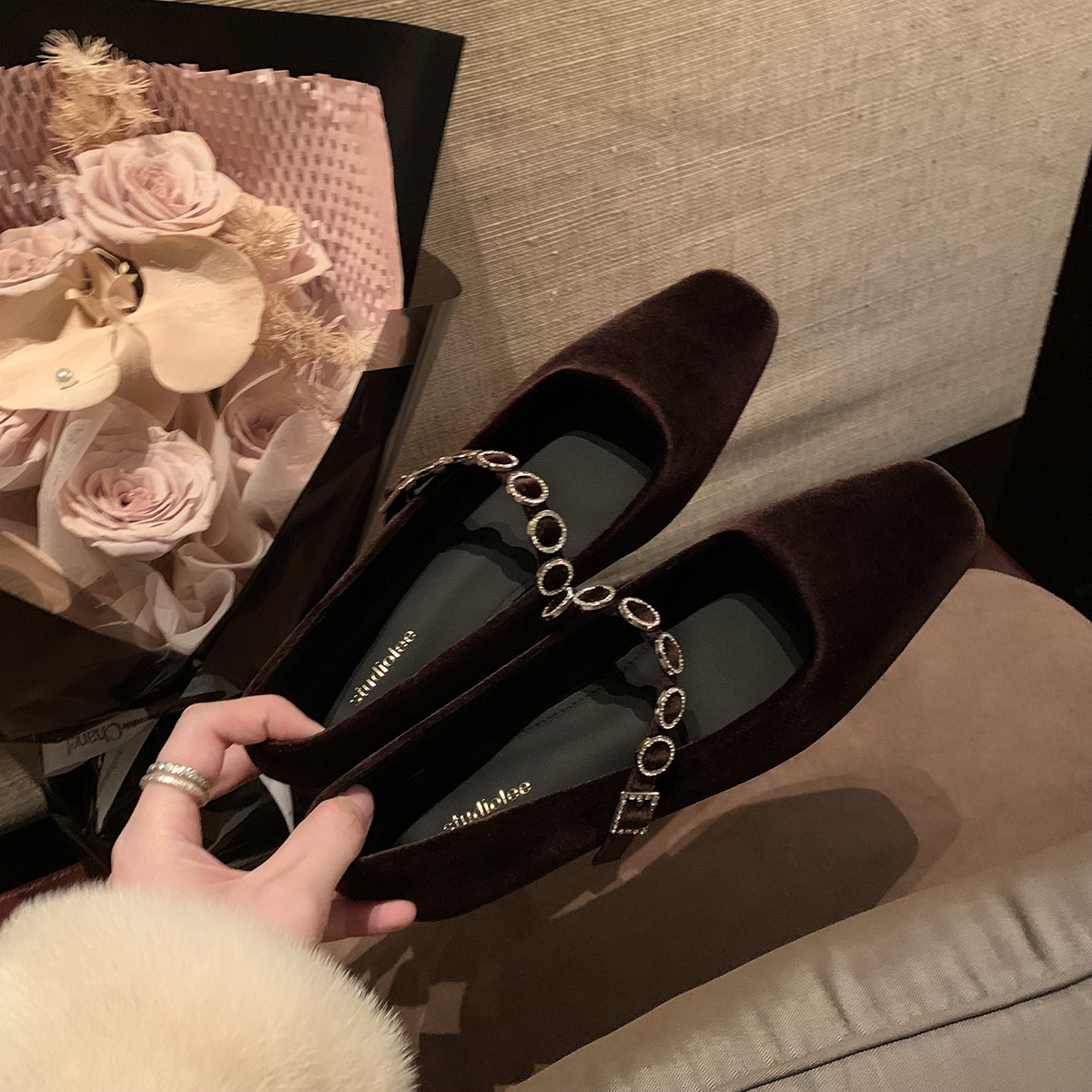 Versión de piel de oveja ~ Grape Madre estilo francés cuadrado superficial tacones altos con tacones bajos zapatos de zapatos Mary Jane para mujeres