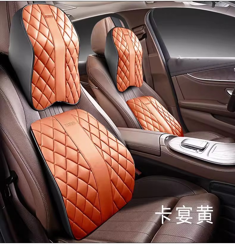 Car All-Season Nappa Leather Headrest and Lumbar Support, Car Neck Protector and Waist Support Supplies, Car Memory Foam Lumbar Pillow and Neck Pillow