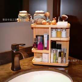 榉木旋转化妆品收纳架 木质圆形护肤品口红收纳盒 桌面木质置物架