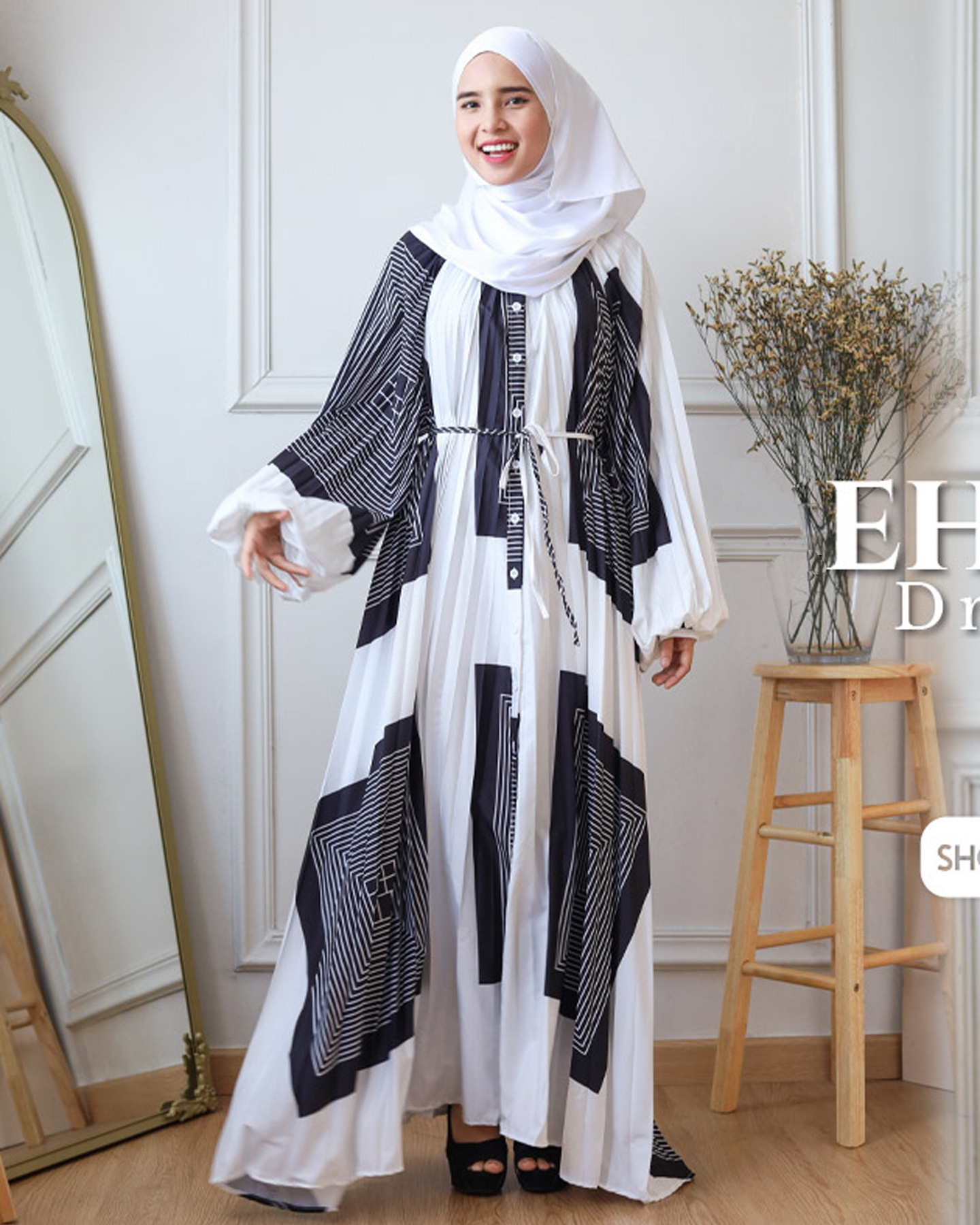 Middle East Muslim High-end Feminine Fashion With Lantern Sleeves, Printed Pleated Long Robe Dress_ecoleips.com
