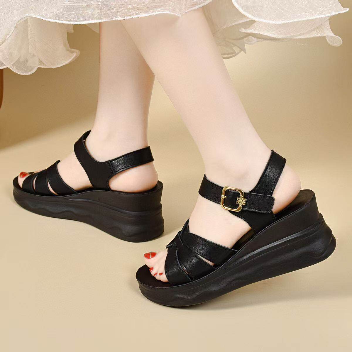 Sandal nữ da thật đế xuồng tăng chiều cao mũi hở quai ngang — màu đen chi tiết 7
