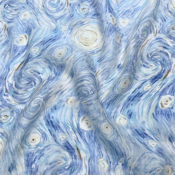 Transparent Van Gogh Starry Blue Printed Silk Tencel Linen Mulberry Silk Fabric Skirt Fabric