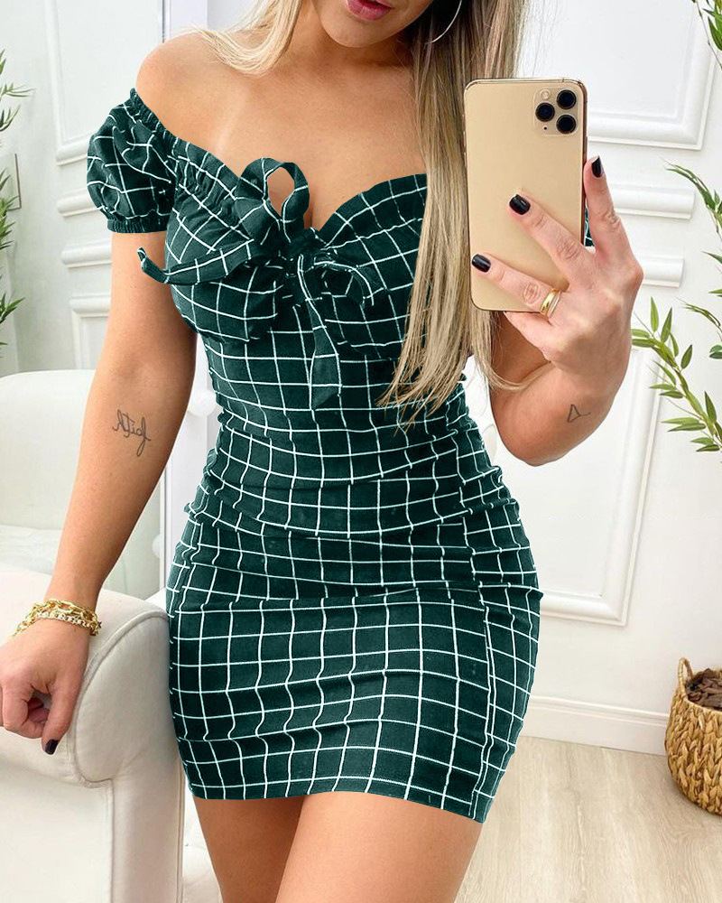 Slim Lace-Up Plaid Print Leaking Shoulder Short Dress NSLZ104461