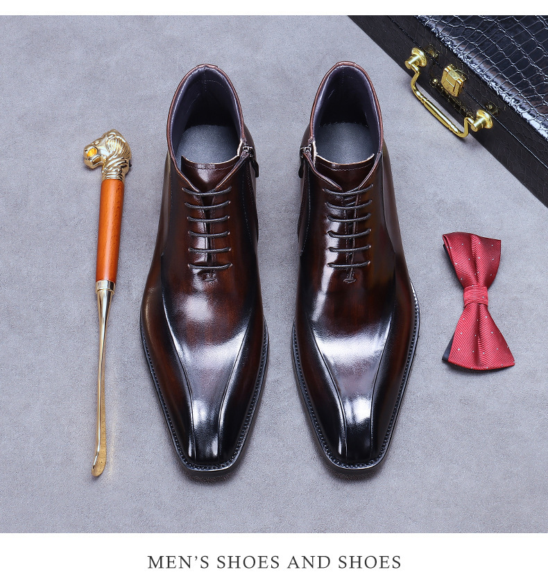 Kožené boty Velkoobchodní továrna Britské martinské boty Pravá kůže Módní společenské boty Špičatá špička Zip Vysoké kožené boty Kotníkové boty_voghion.com