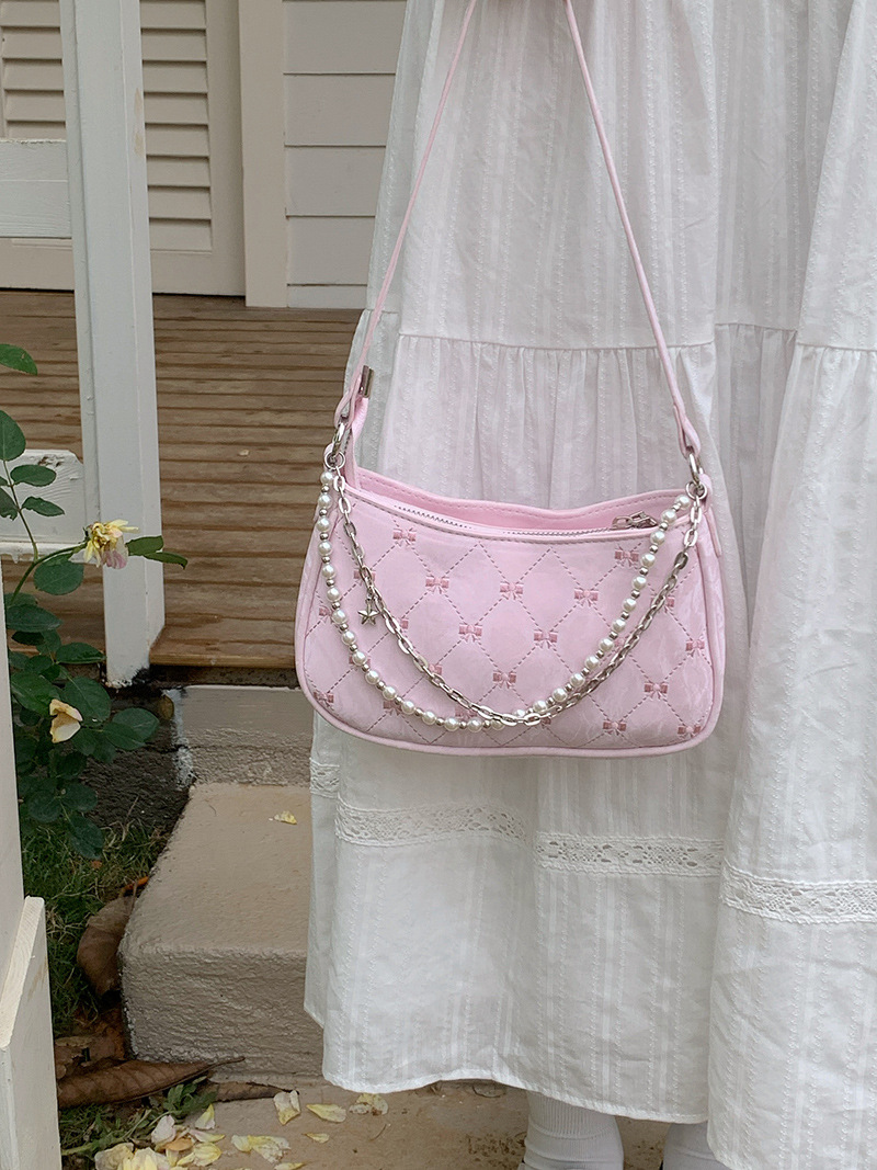 181g Weight Pearls, Sewing Thread, Chain Fashion Element Zipper Closure Type Single Shoulder Strap Strap Type Shoulder Bag Bags Type Casual, Daily, Shopping Occasion Pu Leather Material Solid Color, Bow Knot Pattern All Seasons Season Women's Gender Cute Style Square Shape Women's Pu Leather Solid Color Bow Knot Cute Pearls Sewing Thread Chain Square Zipper Shoulder Bag 2