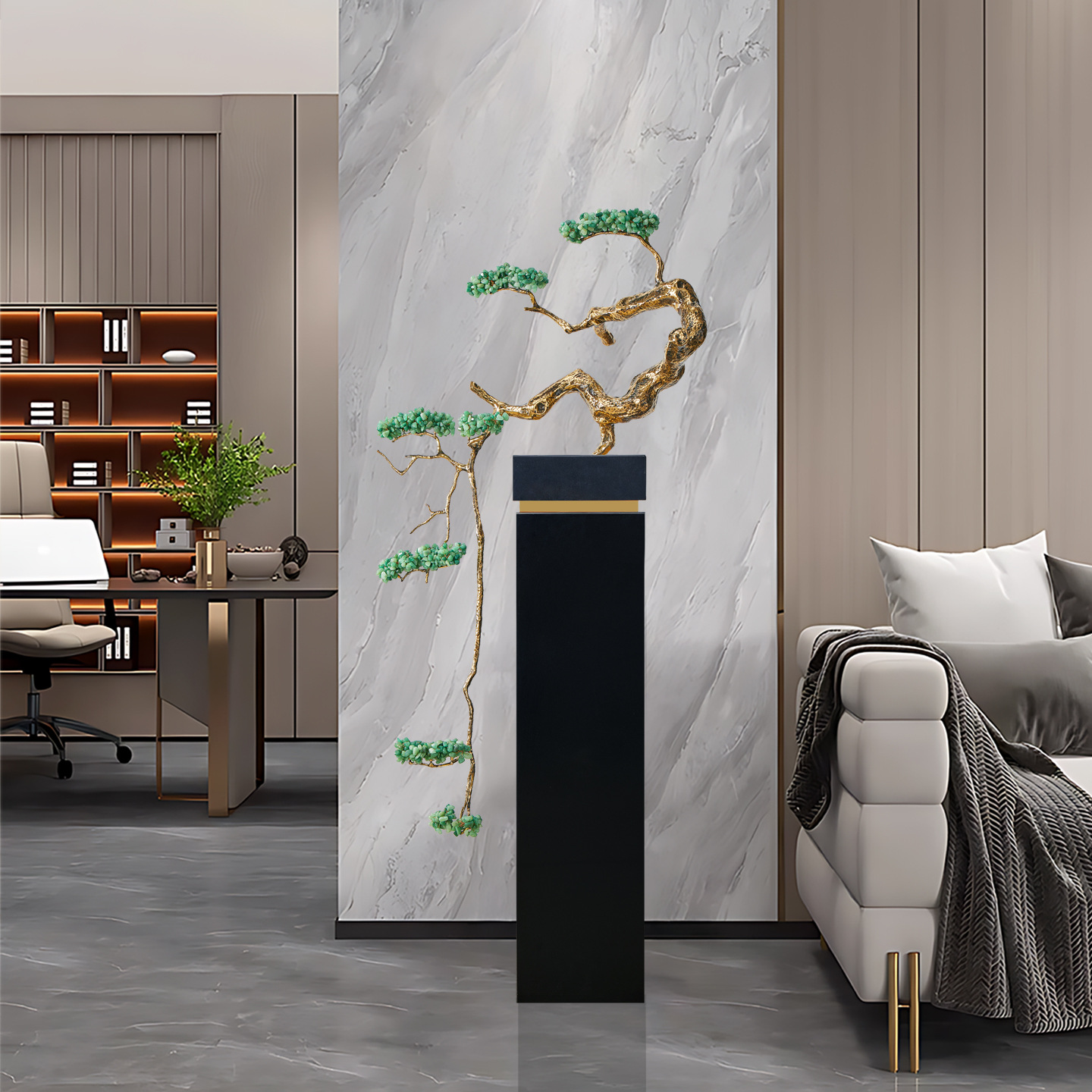 New Chinese-Style Light Luxury Welcoming Pine Large Floor-Standing Ornament for Living Room Sofa Tv Cabinet Beside Wealth-Attracting Staircase Decoration