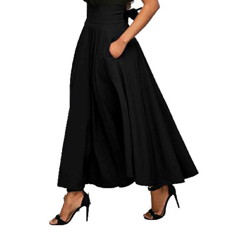 Women's Spring Midi Skirt Solid Color Lace Up Ankle Cinching A-Line Long Skirt European American Style Casual Polyester_ecoleips.com