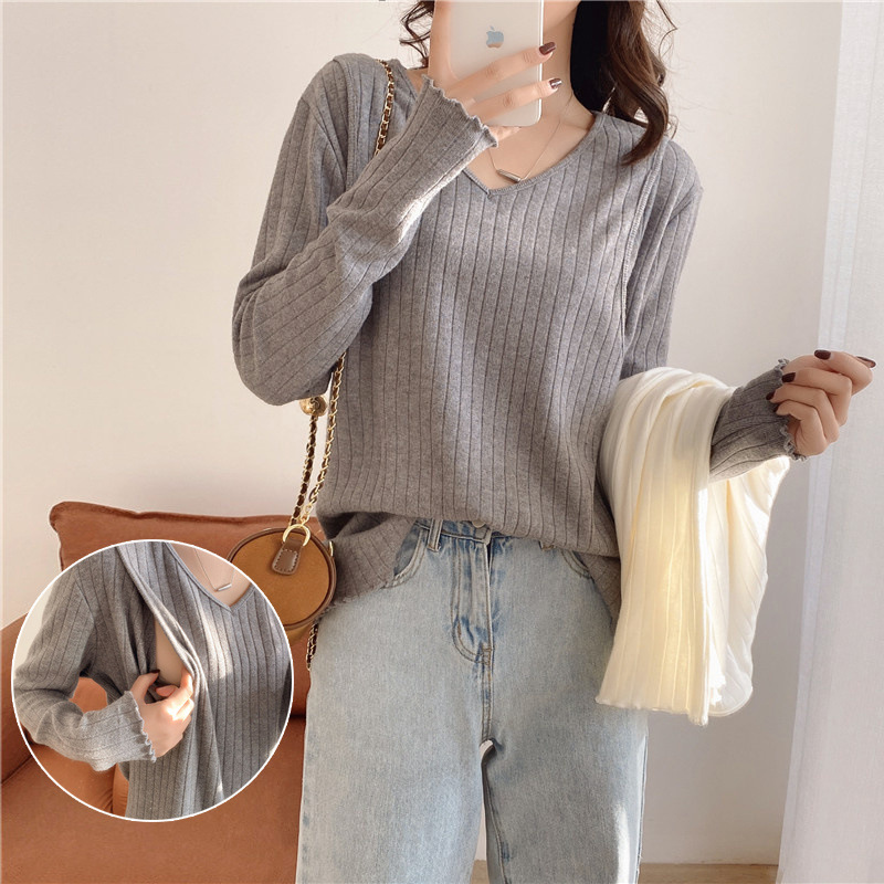 Nursing undershirt postpartum nursing clothing inner wear V-neck top spring autumn long sleeve outer wear breastfeeding clothes hot mom style pure cotton