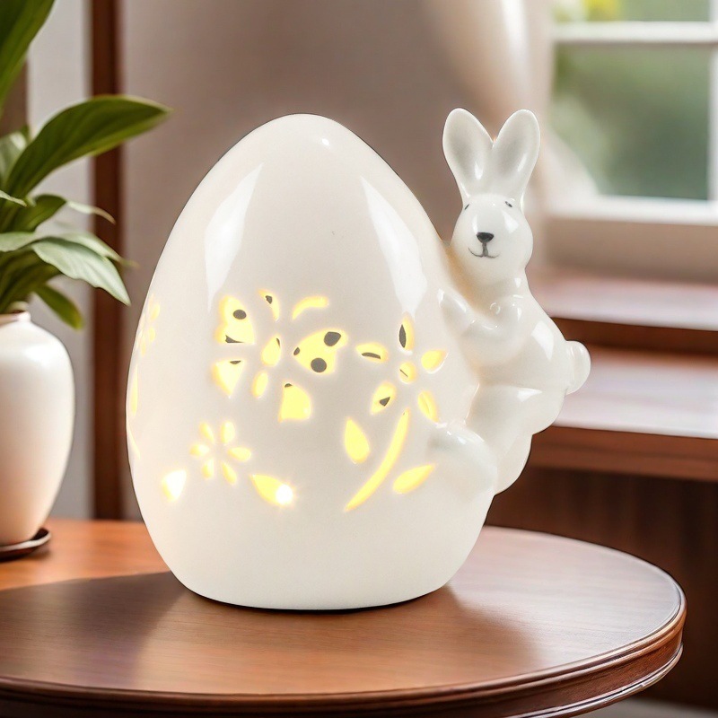 Conejo de cerámica lindo dormitorio creativo hueco decoración de lámpara de noche nórdica Pascua comercio exterior transfronterizo al por mayor