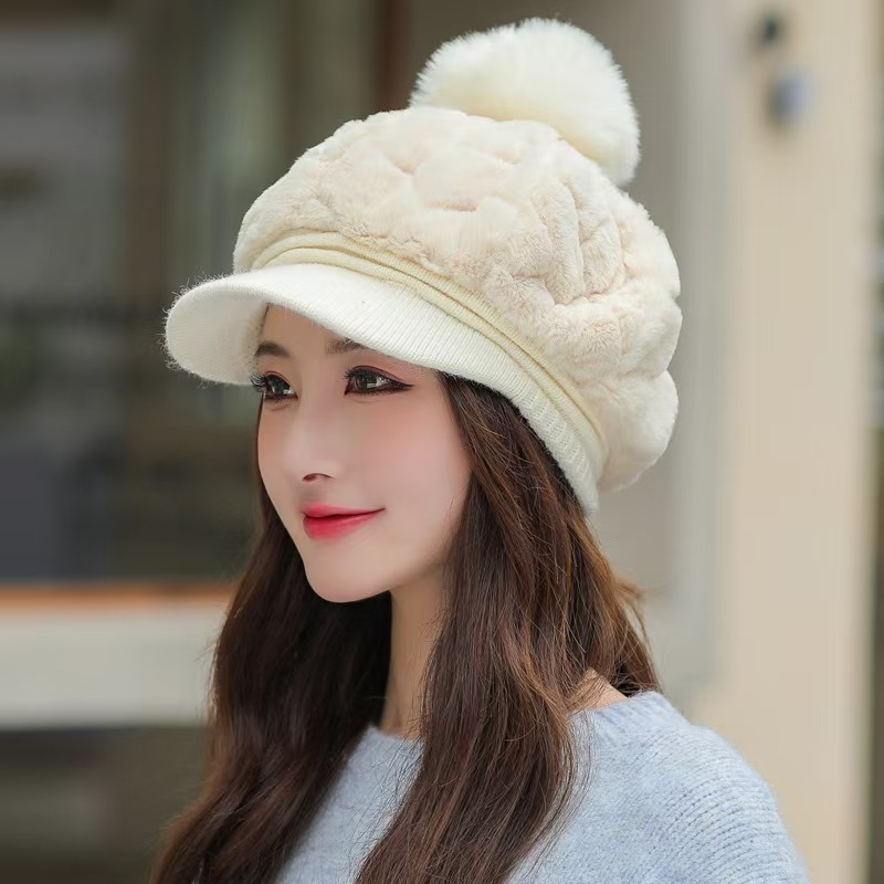 帽子韩版秋冬新款女兔毛保暖鸭舌帽可爱冬季毛球加绒防寒毛线帽|undefined