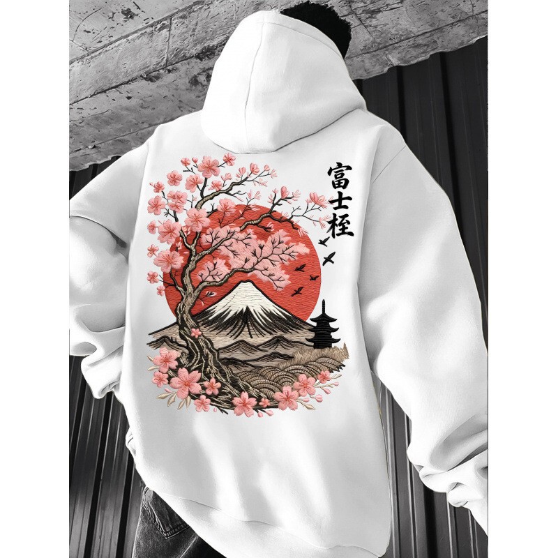 Mount Fuji cherry blossom pagoda large print hoodie, Japanese retro ukiyo-e style pullover hoodie Mount Fuji cherry blossom pagoda large print hoodie, Japanese retro ukiyo-e style pullover hoodie