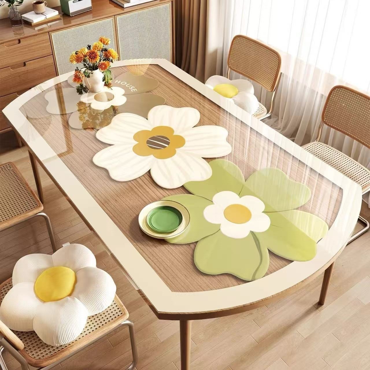 Tablecloth Ins Style Waterproof, Oil-Proof, Heat-Resistant Pvc Plastic Transparent Soft Glass Floral Oval Coffee Table Dining Table Mat